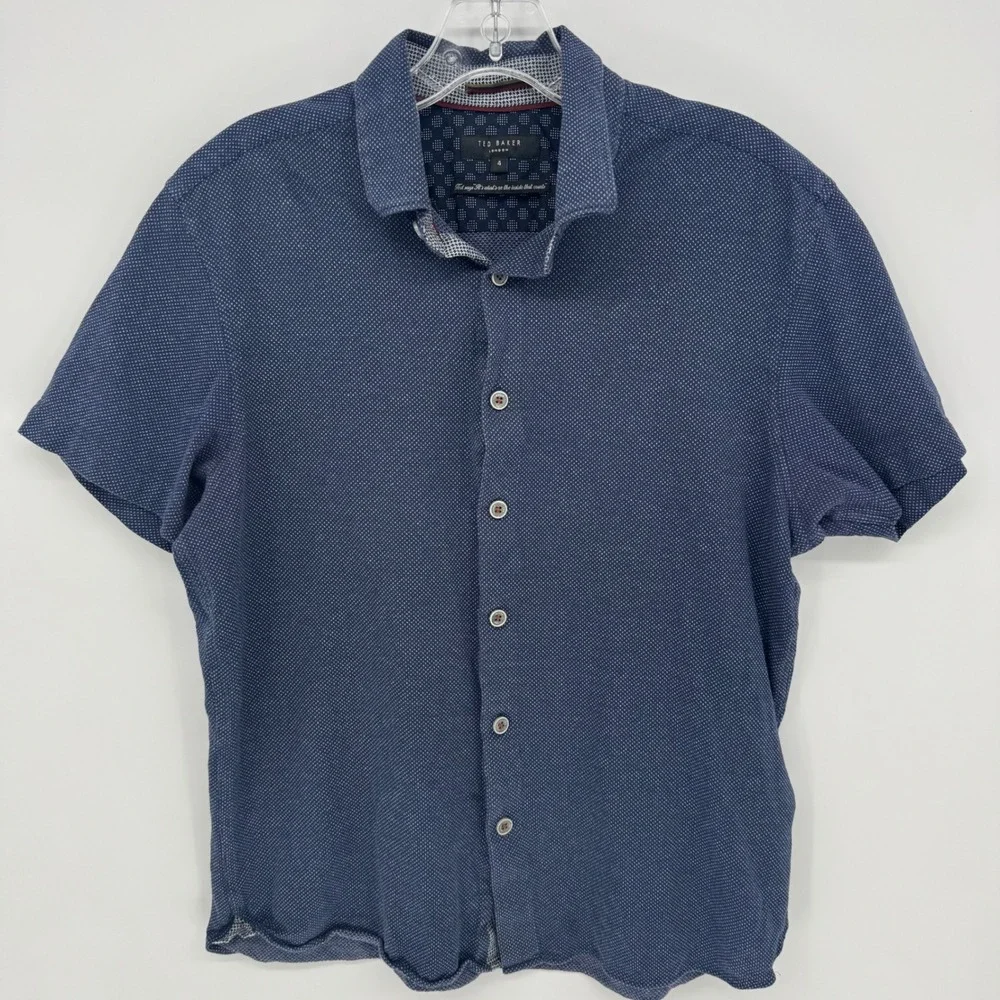 Ted Baker London Womens Short Sleeve Button Up Shirt Navy Geometric Print Size 4